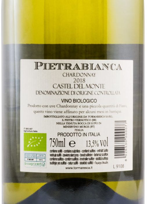 2018 Tormaresca Pietrabianca Chardonnay Castel del Monte biológico branco