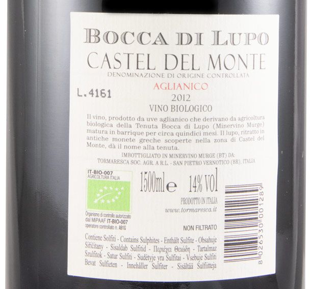 2012 Tormaresca Bocca di Lupo Aglianico Castel del Monte organic red 1.5L
