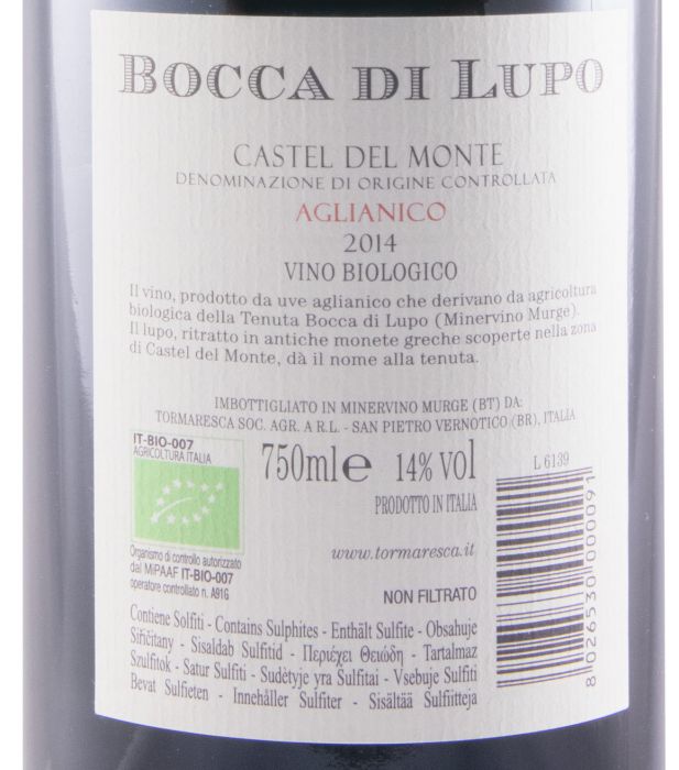 2014 Tormaresca Bocca di Lupo Aglianico Castel del Monte biológico tinto