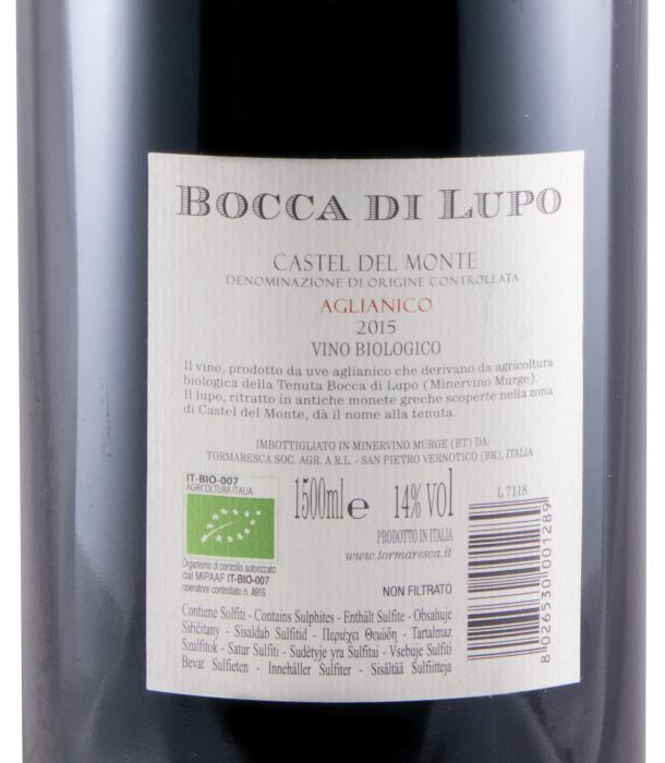 2015 Tormaresca Bocca di Lupo Aglianico Castel del Monte biológico tinto 1,5L