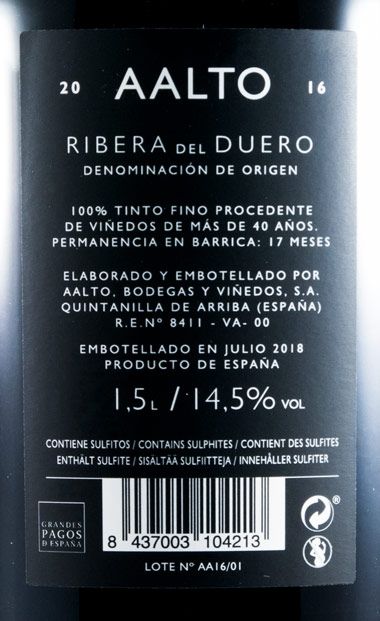 2016 Bodegas Aalto Ribera del Duero tinto 1,5L
