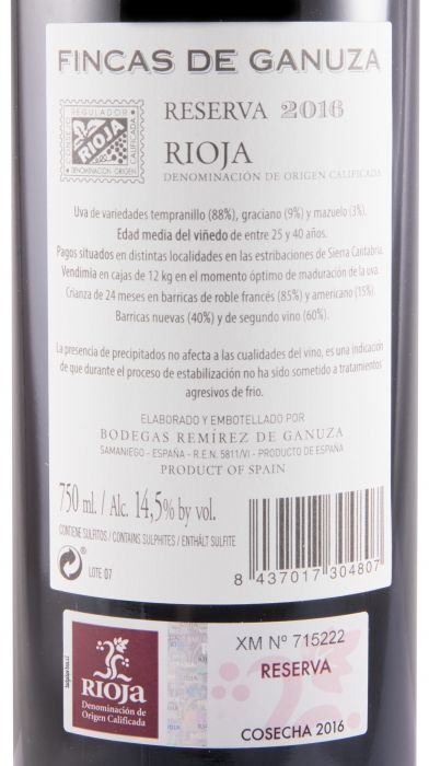 2016 Remírez de Ganuza Fincas de Ganuza Reserva Rioja red