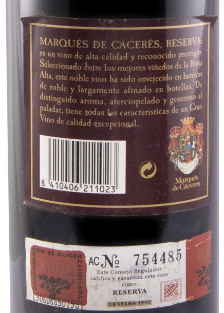 1992 Marqués de Cáceres Reserva Rioja red