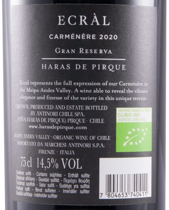 2020 Viña Haras de Pirque Ecràl Carménère Gran Reserva Vale del Maipo biológico tinto