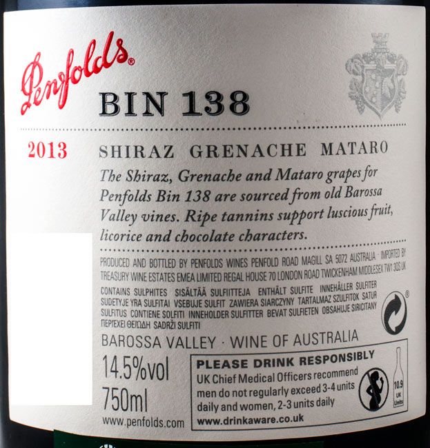 2013 Penfolds Bin 138 Grenache/Shiraz/Mataro Barossa Valley tinto