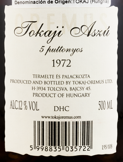 1972 Tokaji Oremus Aszú 5 Puttonyos branco 50cl