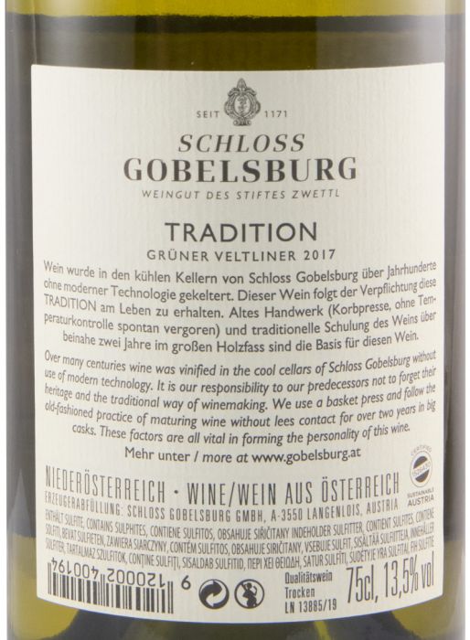2017 Schloss Gobelsburg Tradition Grüner Veltliner branco