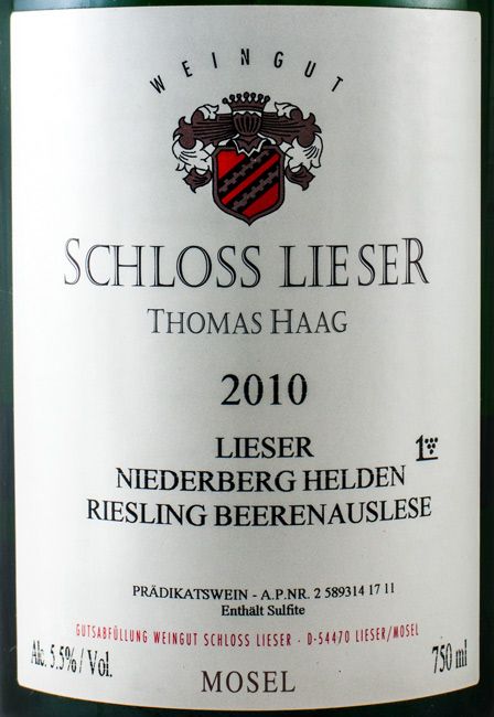 2010 Schloss Lieser Niederberg Helden Riesling Beerenauslese branco