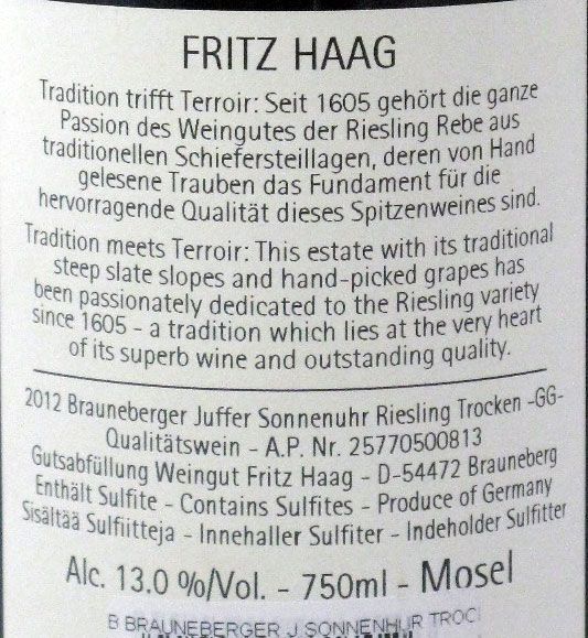 2012 Fritz Haag Brauneberg Juffer Sonnenuhr Trocken Riesling branco