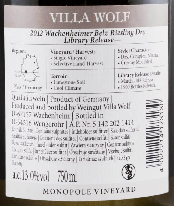 2012 Villa Wolf Wachenheimer Belz Riesling Dry Library Release branco