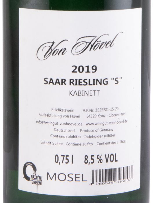 2019 Von Hövel Saar S Riesling Kabinett branco