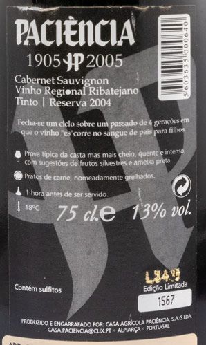 2004 Paciência Centenário Cabernet Sauvignon Reserva red