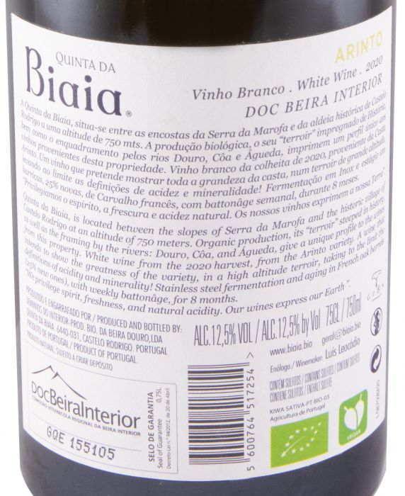 2020 Quinta da Biaia 750 Arinto biológico branco