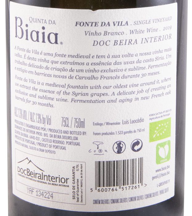 2019 Quinta da Biaia Fonte da Vila organic white