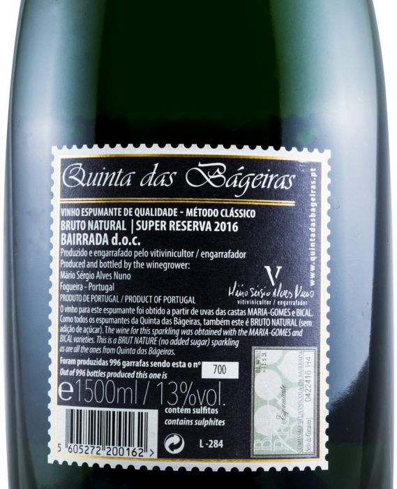 2016 Sparkling Wine Quinta das Bágeiras Super Reserva Brut Nature 1.5L