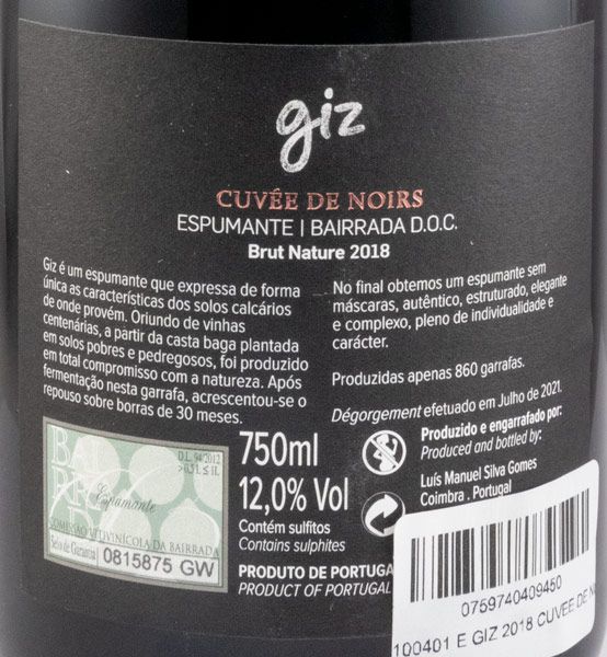 2018 Espumante Giz by Luís Gomes Cuvée de Noirs Bruto Natural