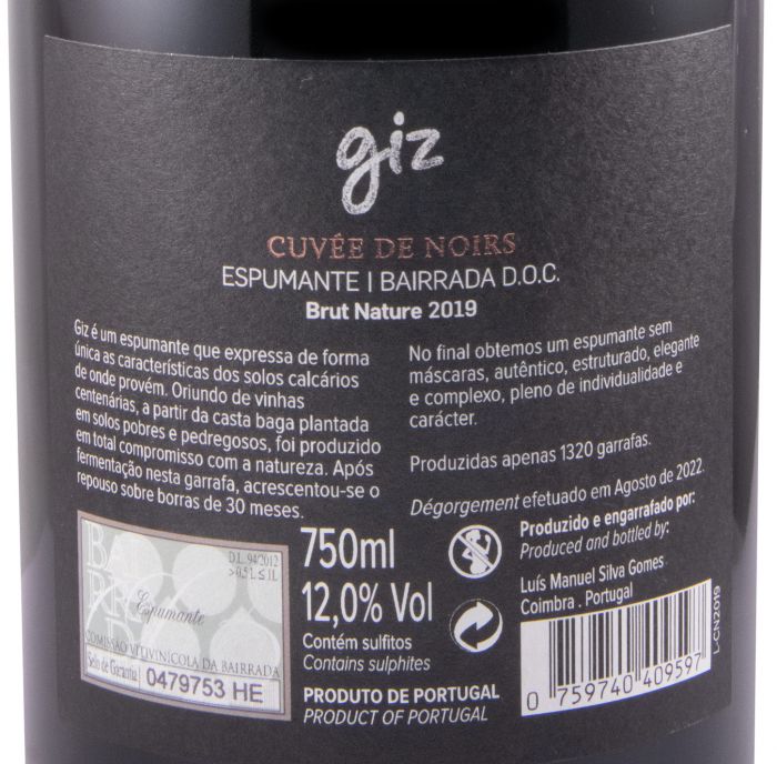 2019 Sparkling Wine Giz by Luís Gomes Cuvée de Noirs Brut Nature