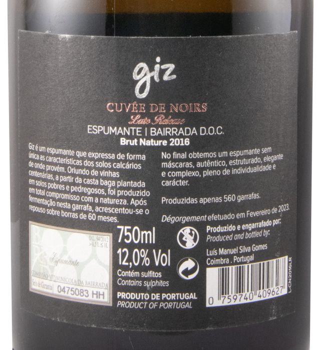 2016 Espumante Giz by Luís Gomes Cuvée de Noirs Late Release Bruto Natural