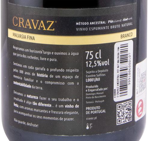 Espumante Cravaz Ancestral Malvasia Fina Pet Nat Bruto Natural