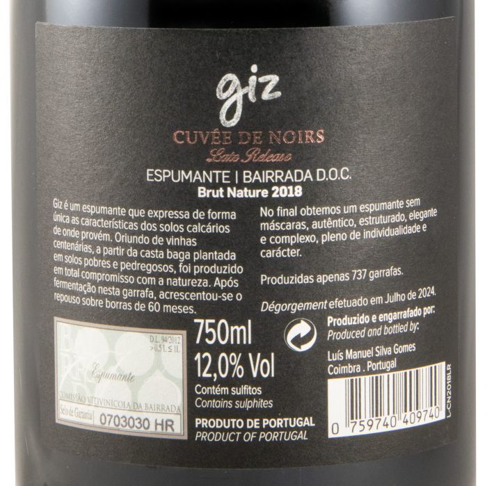 2018 Espumante Giz by Luís Gomes Cuvée de Noirs Late Release Bruto Natural