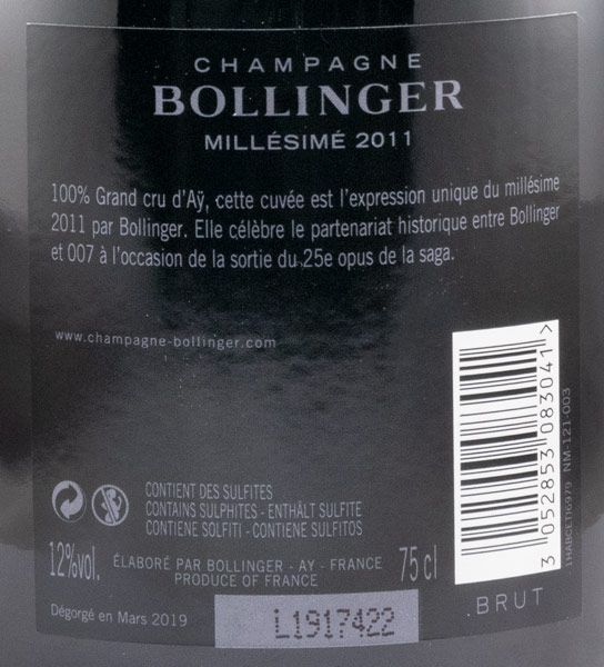 2011 Champagne Bollinger Bond 007 No Time To Die Millésime