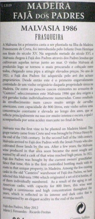 1986 Madeira Barbeito Fajã dos Padres Malvasia Frasqueira