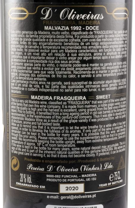 1992 Madeira D'Oliveiras Malvasia Frasqueira