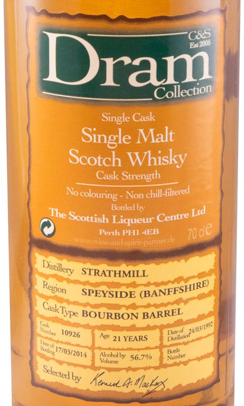 1992 Dram Collection The Scottish Liqueur Centre Strathmill 21 anos (engarrafado em 2014)