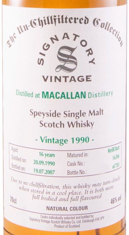 1990 Signatory Vintage Macallan Cask 16306 The Un-Chillfiltered Collection 16 anos (engarrafado em 2007)