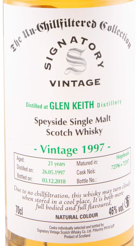 1997 Signatory Vintage Glen Keith The Un-Chillfiltered Collection 21 anos (engarrafado em 2018)