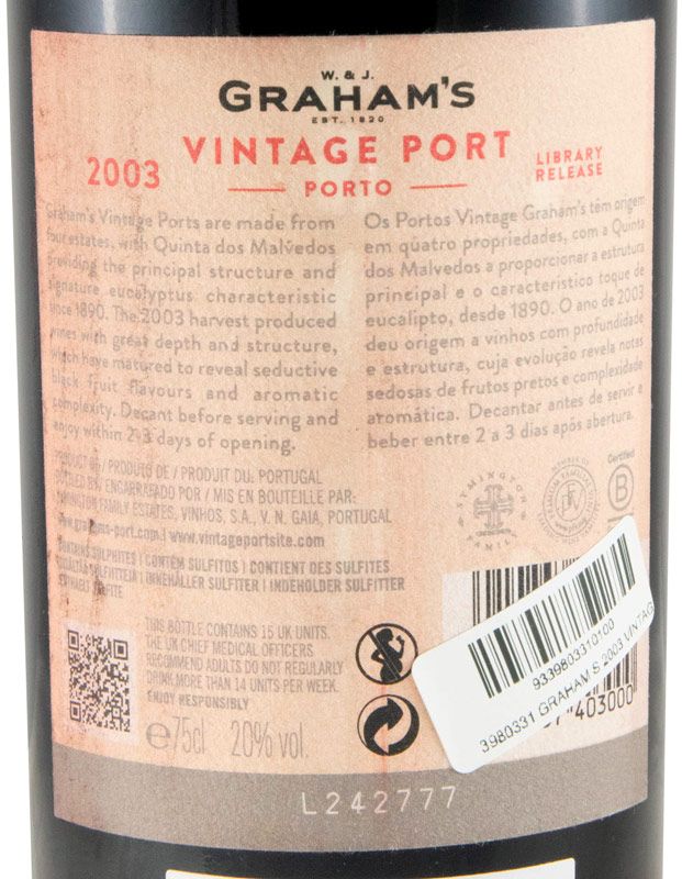 2003 Graham's Library Release Vintage Porto (rótulo danificado)