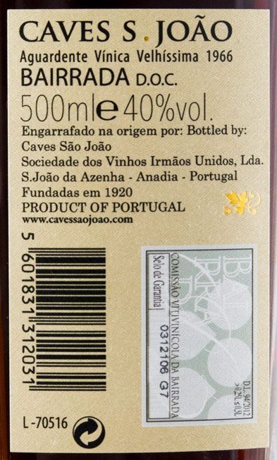 1966 Aguardente Vínica Caves São João Velhíssima 50cl