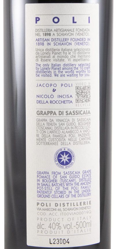 Grappa Jacopo Poli Sassicaia di Bolgheri 50cl