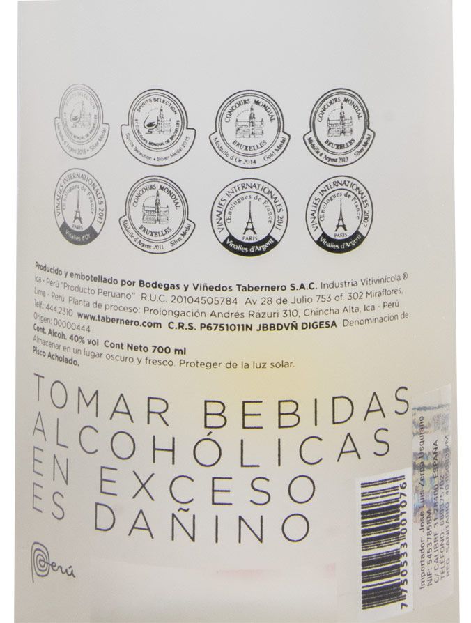 Aguardente Pisco Tabernero La Botija Acholado