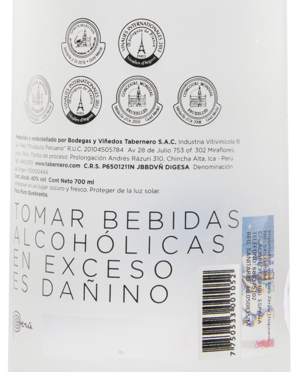 Aguardente Pisco La Botija Puro Quebranta