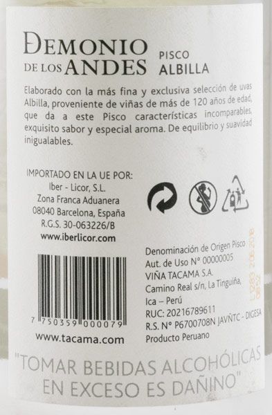 Aguardente Pisco Demonio de los Andes Albilla