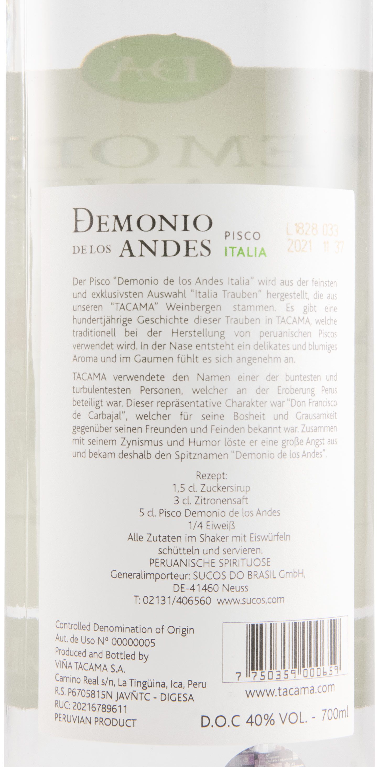 Aguardente Pisco Demonio de los Andes Italia