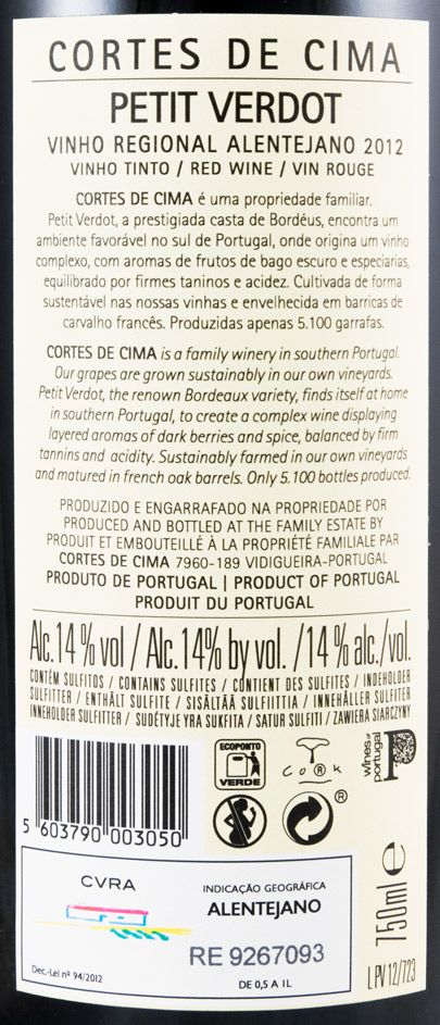 2012 Cortes de Cima Petit Verdot tinto