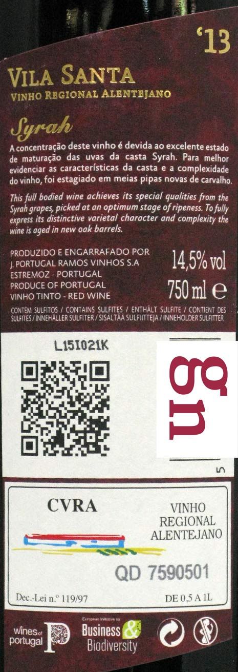 2013 João Portugal Ramos Vila Santa Syrah tinto