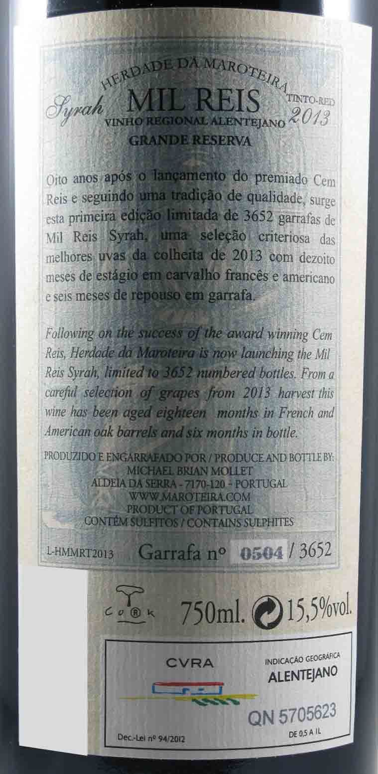 2013 Herdade da Maroteira Mil Reis Grande Reserva Syrah tinto