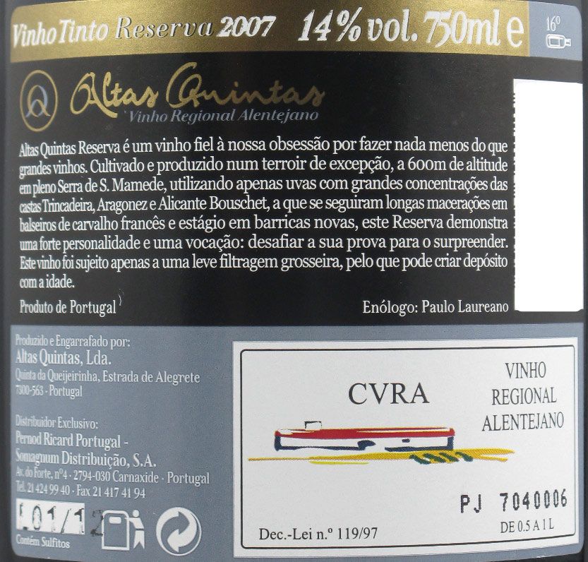2007 Altas Quintas Reserva tinto