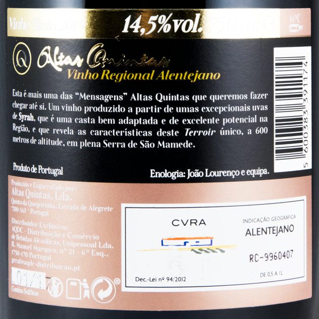 2015 Altas Quintas Mensagem Syrah red