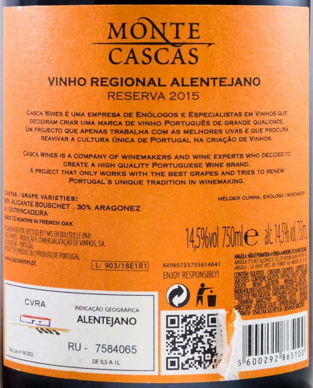 2015 Monte Cascas Reserva Alentejo red