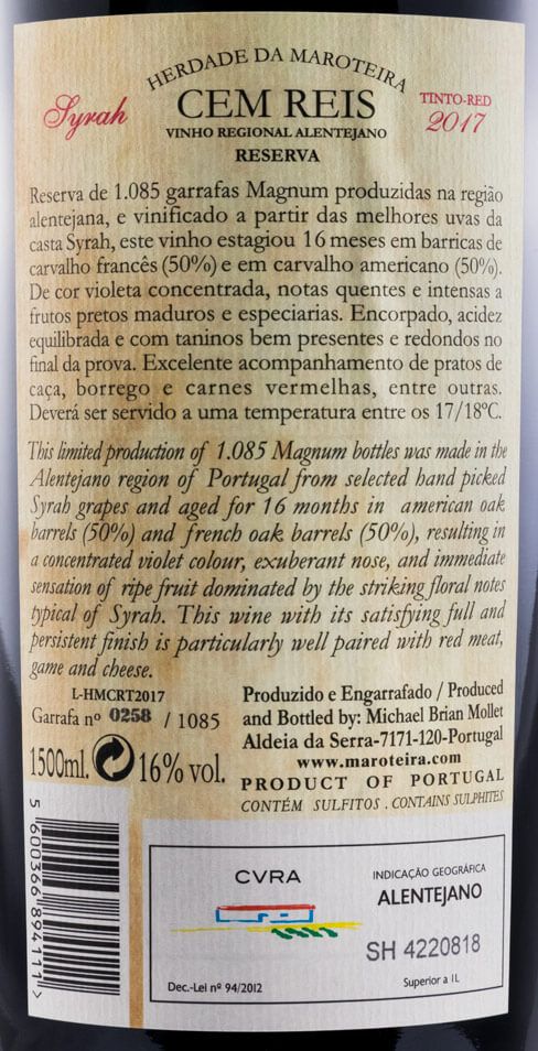 2017 Herdade da Maroteira Cem Reis Syrah Reserva tinto 1,5L