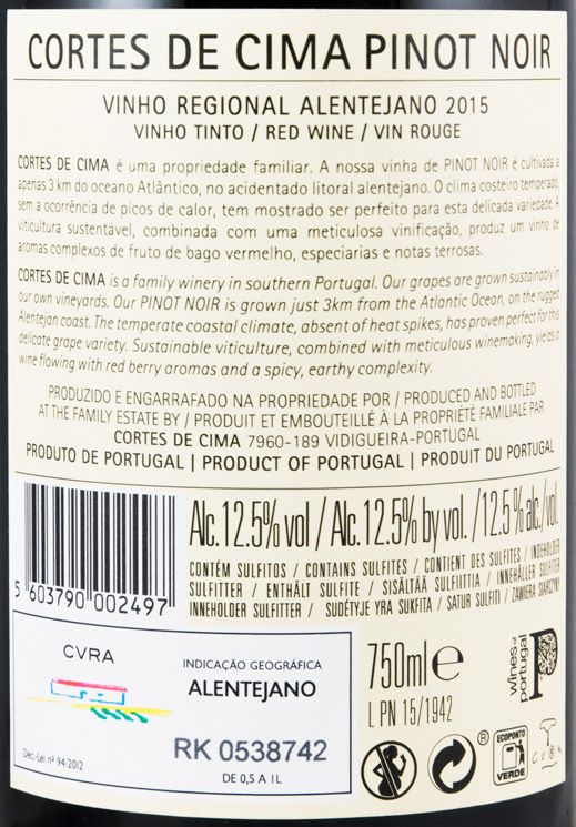 2015 Cortes de Cima Pinot Noir tinto