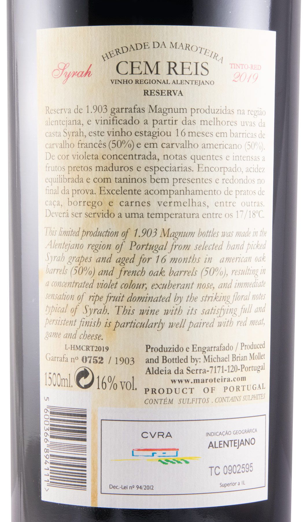 2019 Herdade da Maroteira Cem Reis Syrah Reserva red 1.5L