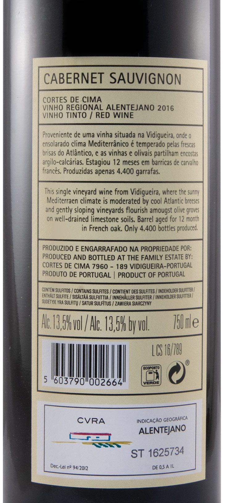 2016 Cortes de Cima Cabernet Sauvignon tinto