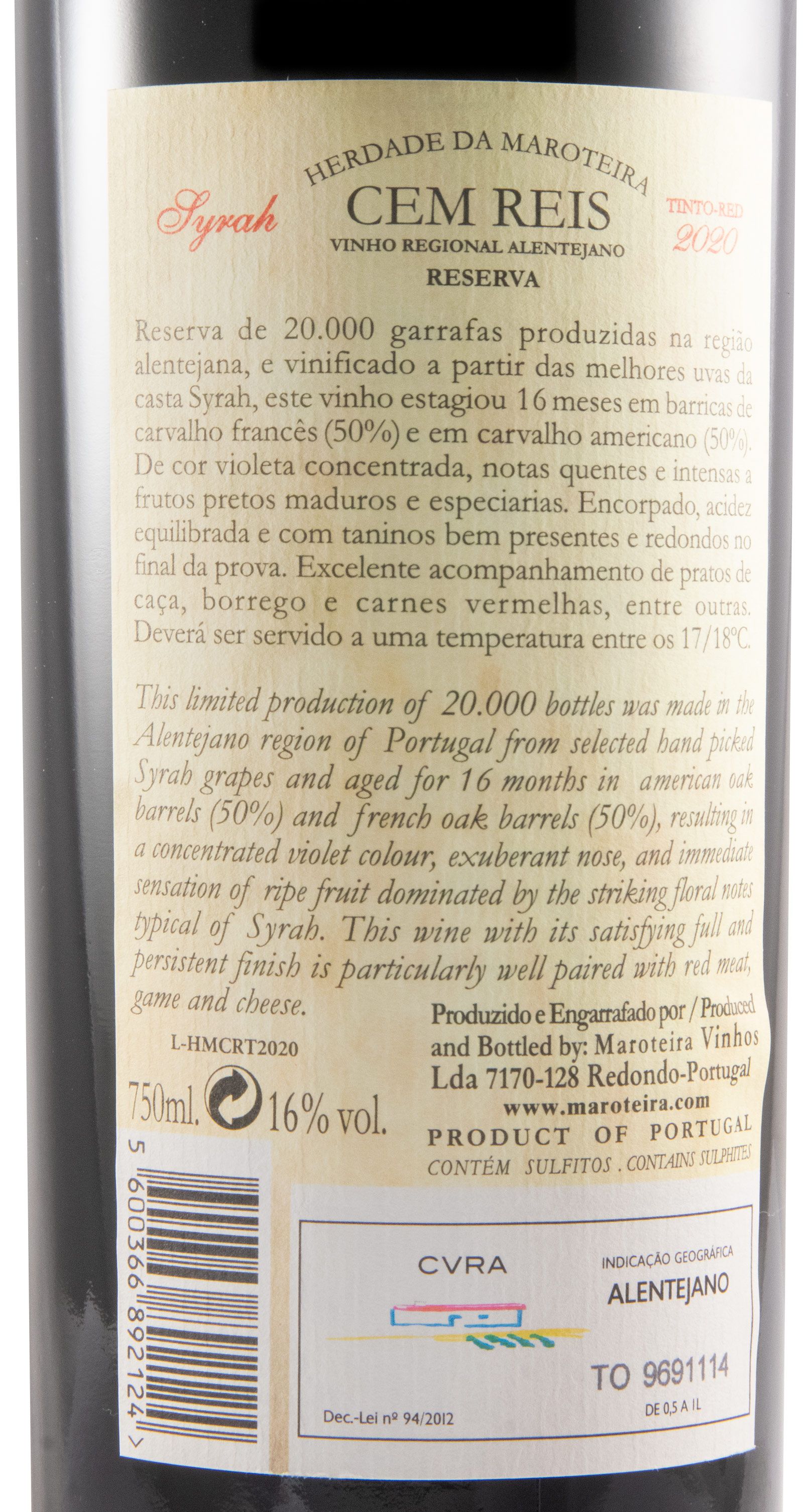2020 Herdade da Maroteira Cem Reis Syrah Reserva tinto
