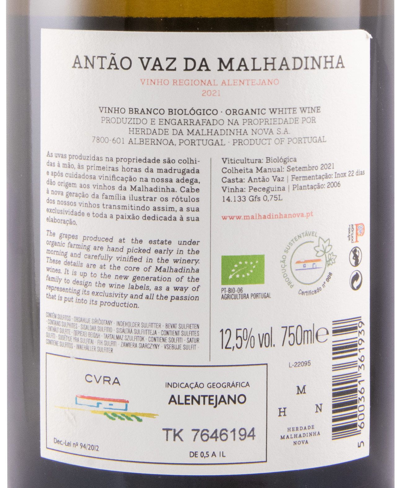 2021 Antão Vaz da Malhadinha Vinha da Peceguina biológico branco