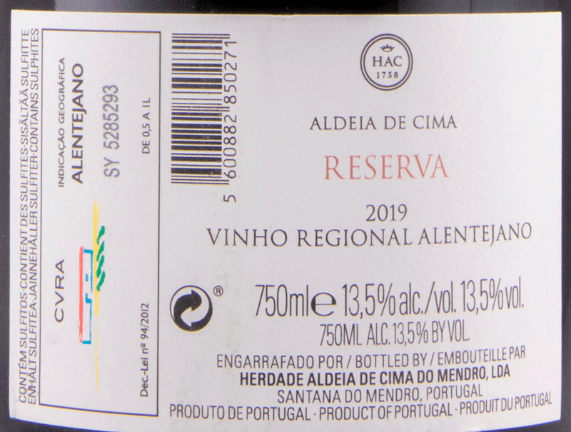 2019 Herdade Aldeia de Cima Reserva tinto